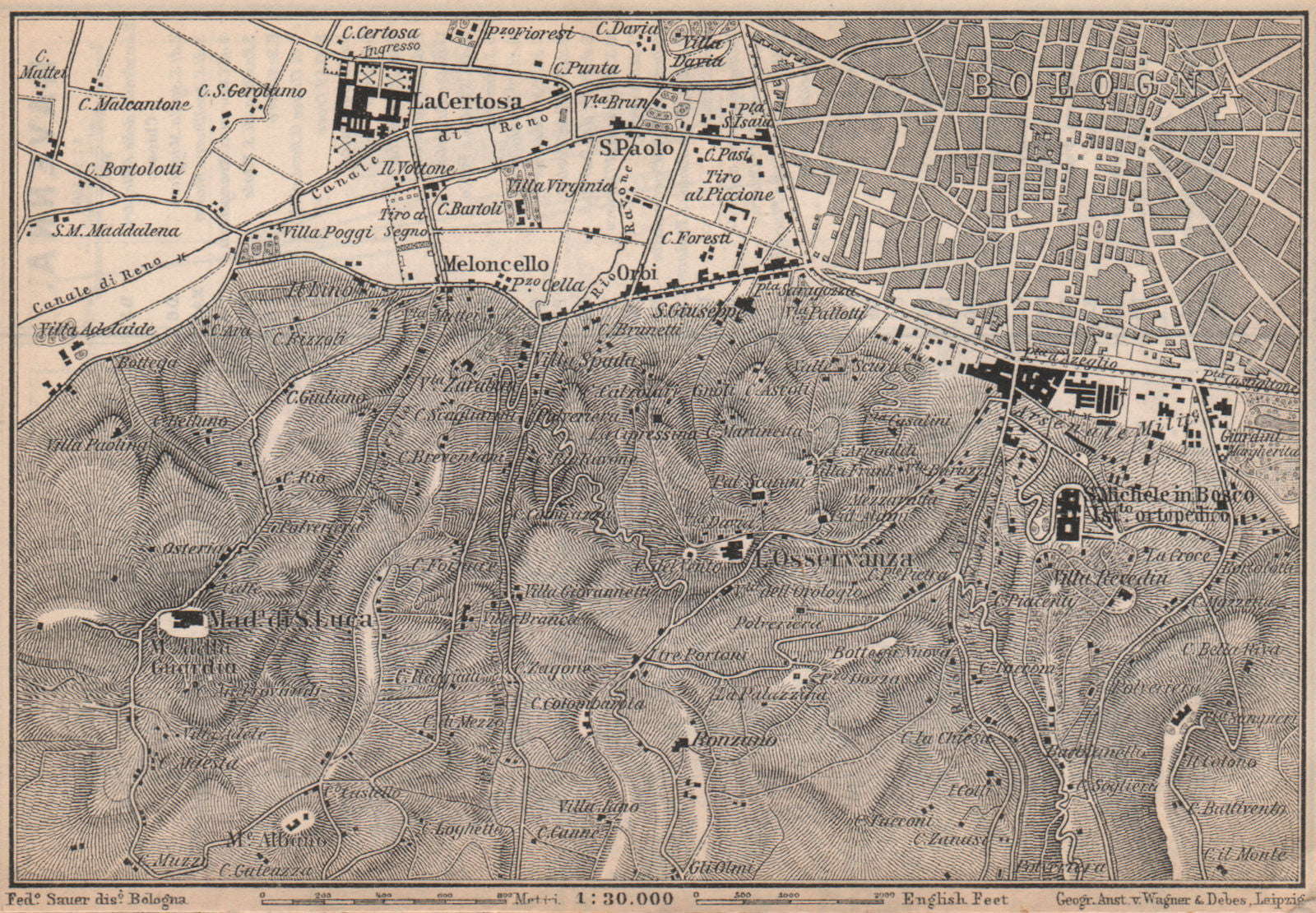 BOLOGNA environs. Certosa. Madonna di San Luca. Santo Michele in Bosco 1899 map